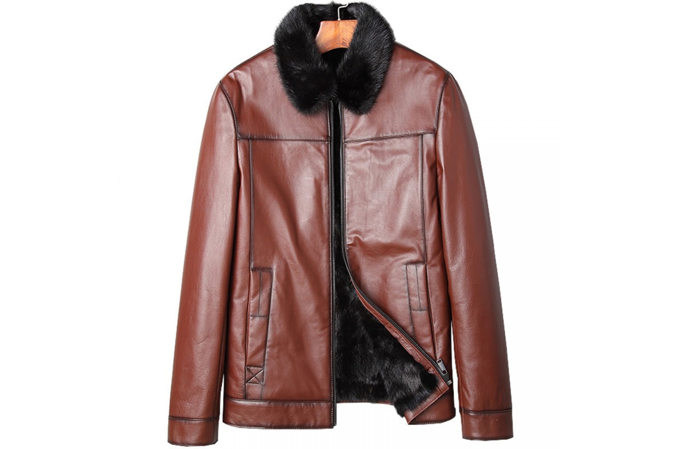 Shearling Genuine Cow Leather Fur Collar Brown Leather Jacket